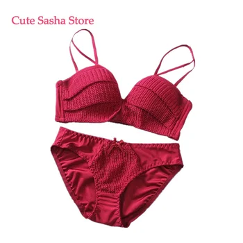 

Solid Color Girl Knitting Thread Without Steel Ring Gather 1/2 Cup Bra + Underwear Set