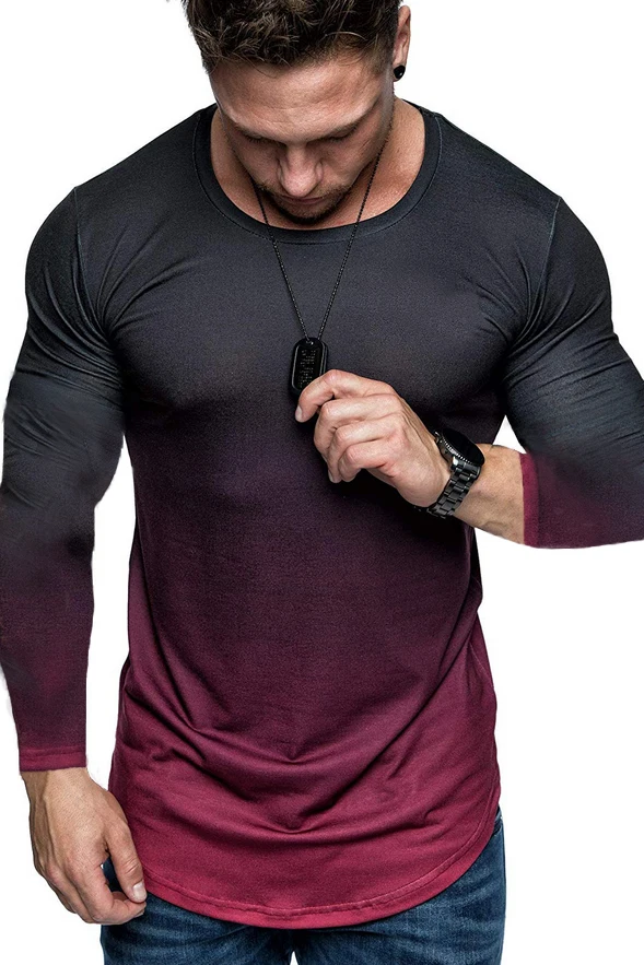 HIRIGIN Мужская футболка для тренажерного зала, градиентная, тонкая, облегающая, с длинным рукавом, хлопковая, с закругленным подолом, футболки, мужские, на каждый день, градиентный пуловер, топы - Цвет: A