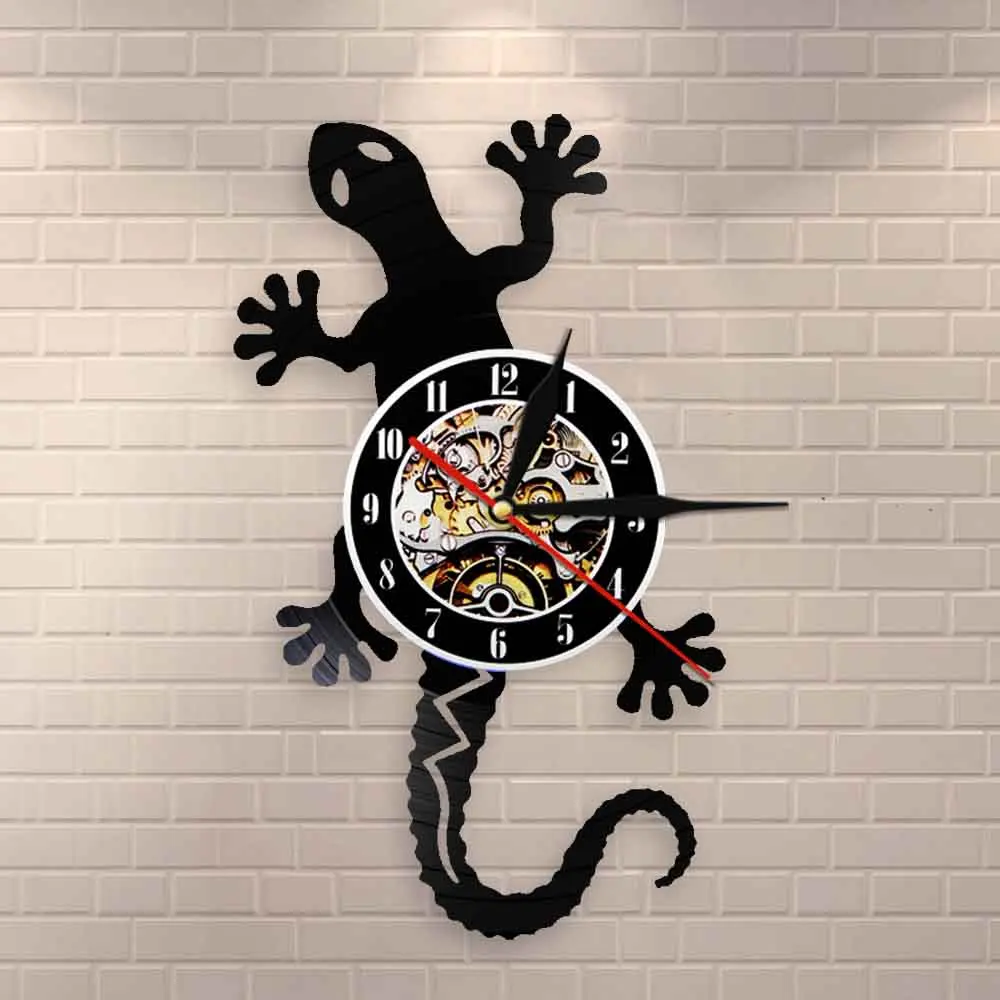 Antique Nature Art Zoology Lizard Wall Clock Safari Gecko Vinyl Record Silhouette Wildlife Animal Icon Vintage | Дом и сад