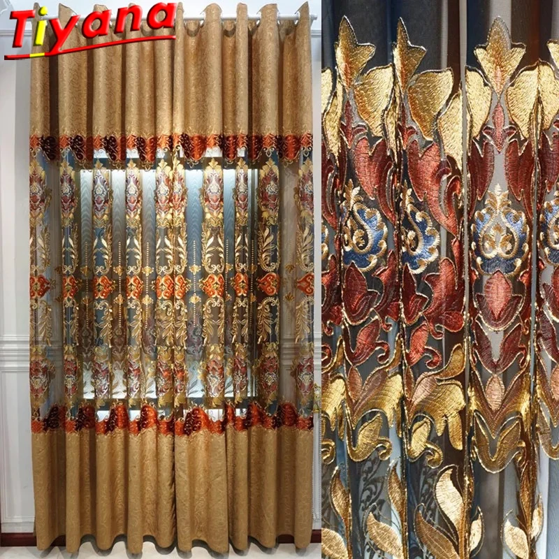 

Stitching Chenille Hollow Out Tulle Curtains for Living Room Hollow Coffee Luxury Embroidery Window Drapes for Bedroom *VT