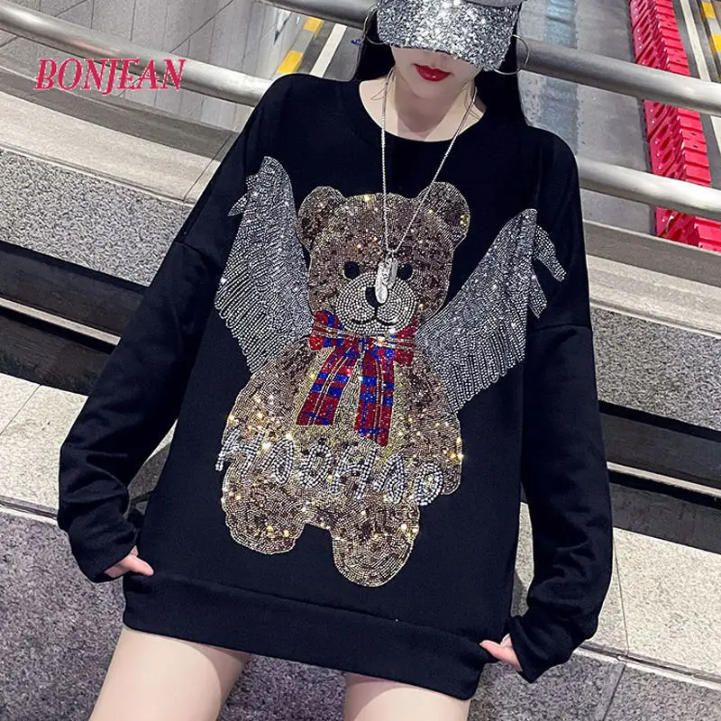 Harajuku Oversized Size 4XL Hot Diamond Bear Plus Size Fleece Pullover Sweater Women 150 Kg Loose Padded Top Coat