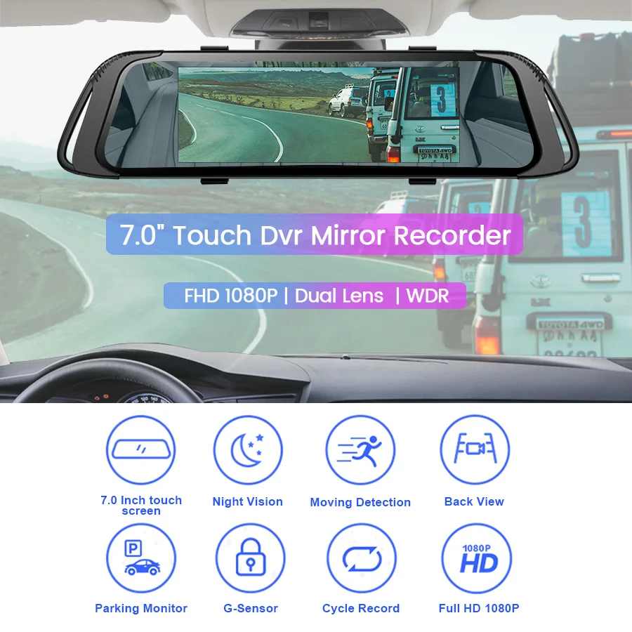 E-ACE Автомобильный видеорегистратор 7,0 дюймов сенсорный видеорегистратор зеркальная камера FHD 1080P двойной объектив с камерой заднего вида Авто регистратор видеорегистратор
