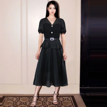 

Gedivoen Summer Fashion Runway Chiffon Dress Women V Neck Ruffles Belt Slim Knee Length Dress Elegant Party Dresses Vestidos