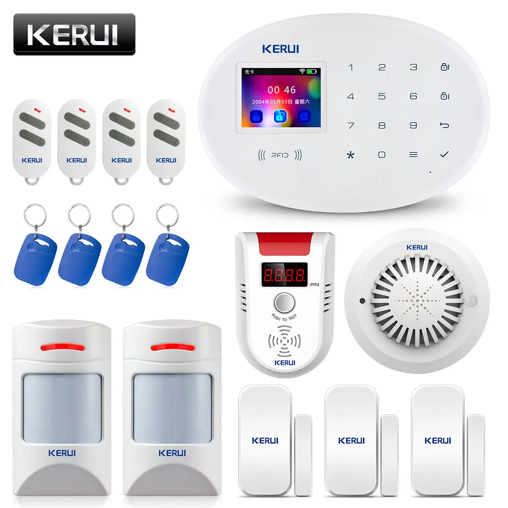 KERUI W20 умный дом сигнализация wifi Радиочастотная Идентификация gsm, дымовое чувство, воздушное чувство и 2,4 дюймовый TFT сенсорный экран система обнаружения движения
