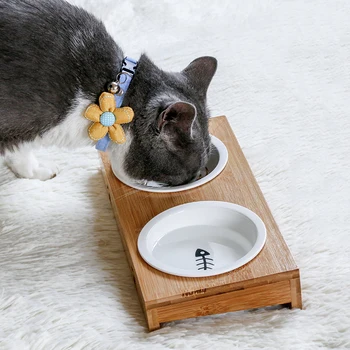 

Cat Dog Feeder Bowls Pet Food Water Feeding Bowl Single Double Bowls Ceramic Tableware Bamboo Frame Antiskid Dog Cat Bowl Case