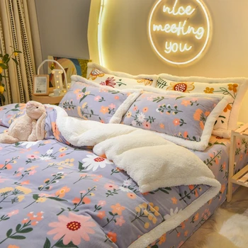 

Purple Flowers Bedding Sets 4pcs Soft Warm Lamb Cashmere Quilt Cover Set Pillowcase Winter Flat Sheet Solid Fleece Cover Sets