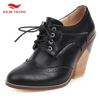 

New Arrivals Large Size 47 Square High Heeled Spring Shoelace Luxury Design Women Shoes Brogue Pumps Woman