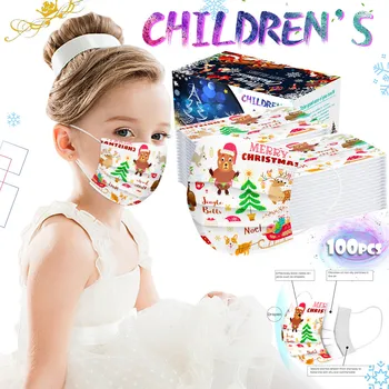 

Disposable 100pcs/box Non-woven Face Mask Fashion Christmas Green Printed Children Filter Masks Mouth Mask With Design Masque