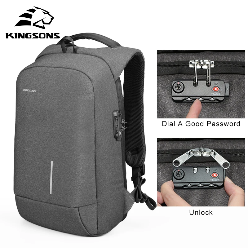 Kingsons рюкзаки школьные сумки Anti-theft замок рюкзак телефонный держатель на присоске ноутбук сумки 13''15'' зарядка через usb модные рюкзаки US$ 10 - Цвет: Dark Gray Lock