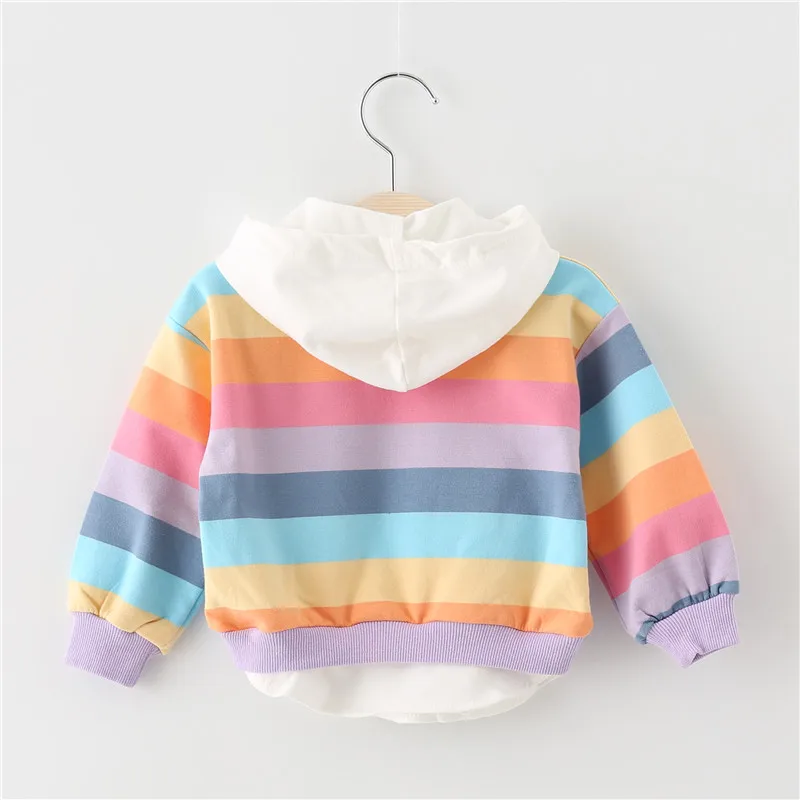 Новая весенне-осенняя одежда для маленьких девочек; хлопковый свитер с капюшоном; повседневная спортивная одежда в полоску с рисунком кролика для мальчиков; Одежда для младенцев