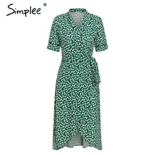 Simplee Элегантное женское зеленое платье с принтом V-образным вырезом и асимметричным летний платье