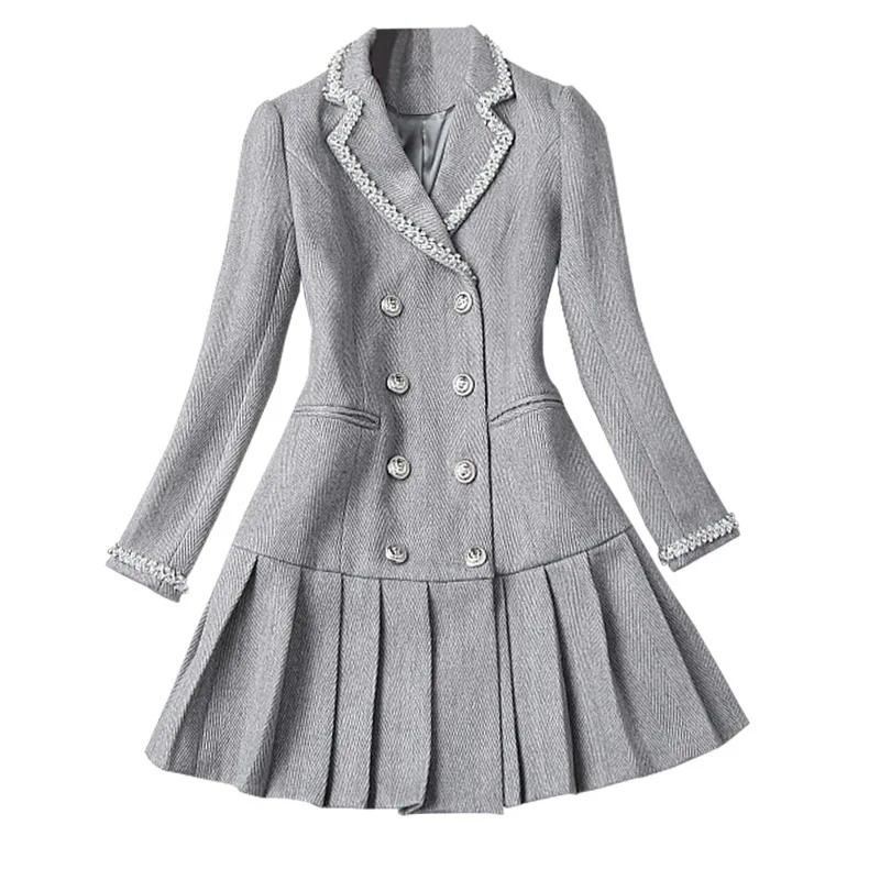 Women autumn winter dress long sleeve ruffles hem diamonds beading brand desinger double breasted notched collar woolen dresses
