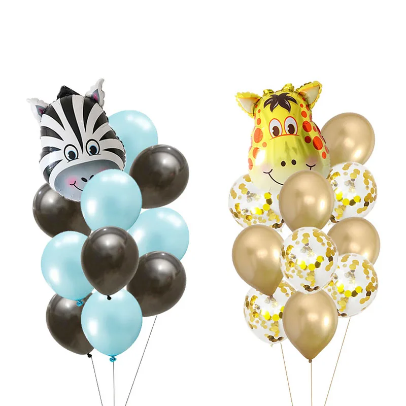 11pcs Giraffe Zebra Animal Helium Balloons Gold Confetti Blue White Latex Ball Safari Party Jungle Zoo Foil Air | Дом и сад