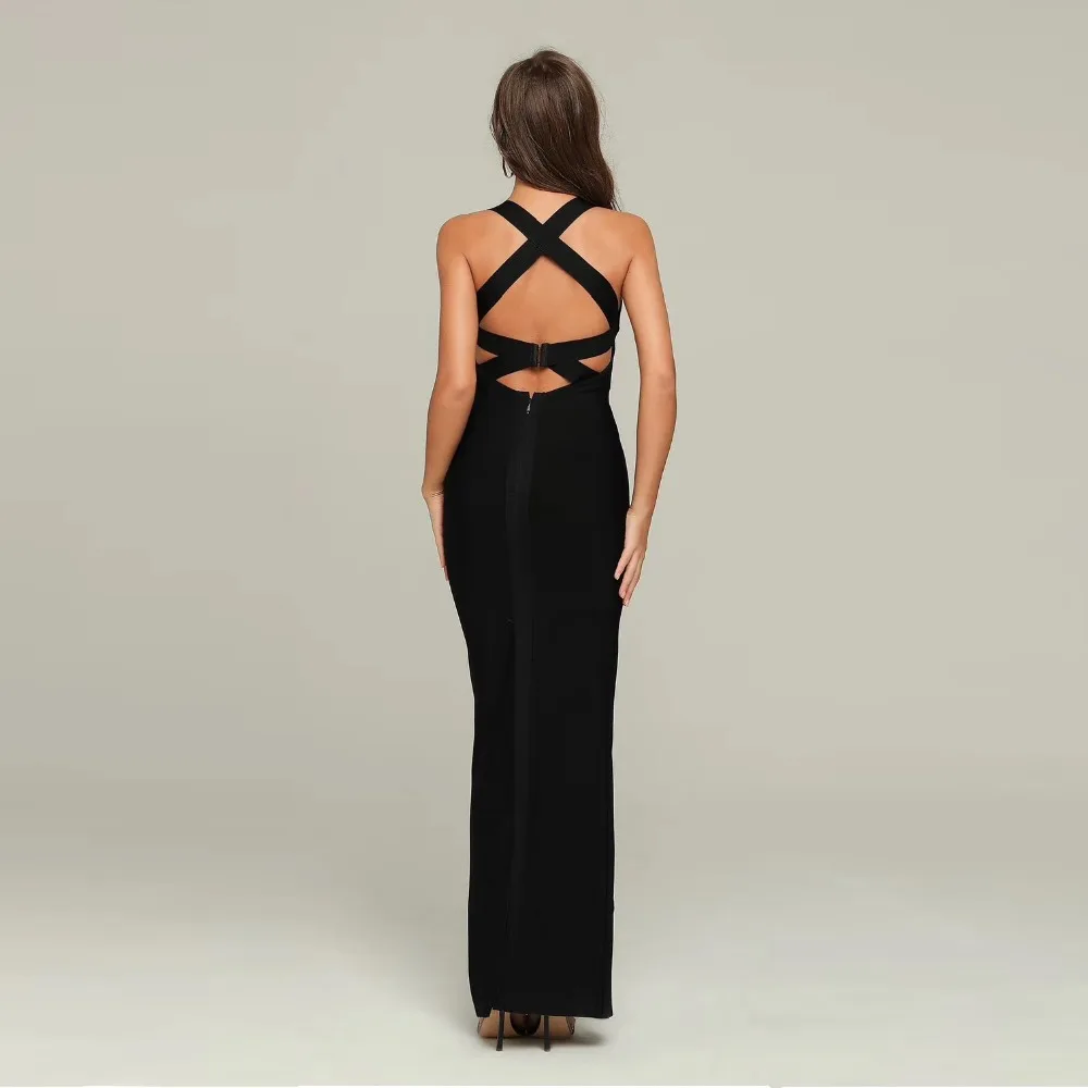 Женский, черный длинное Бандажное платье без рукавов на тонких Dtrap Bodycon элегантная однотонная обувь для вечеринок; элегантная Летняя обувь знаменитостей вечерние Vestidos De Festa