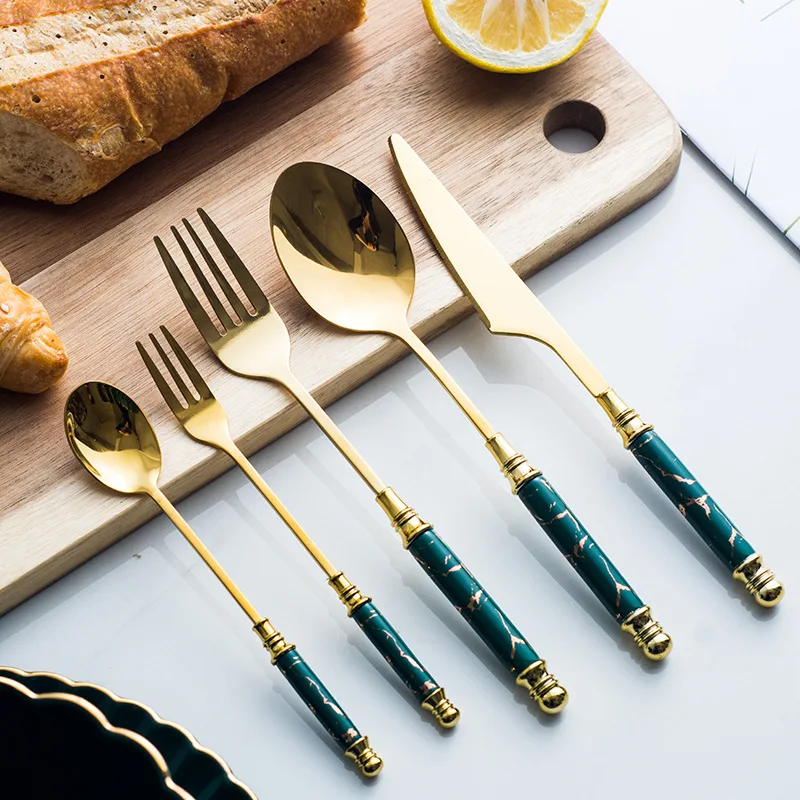 4/5PCS Gold Stainless Steel Cutlery Set Tableware Set Emerald Marble  Ceramic Handle Knife Fork Spoon Dinner Set Dessert Flatware