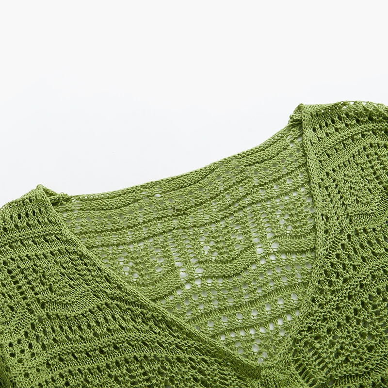 Tanie Jesień łuk sznurek dzianiny bluzka krem do opalania topy cienkie stałe Sexy bluzka z wycięciami z długim rękawem zielony top