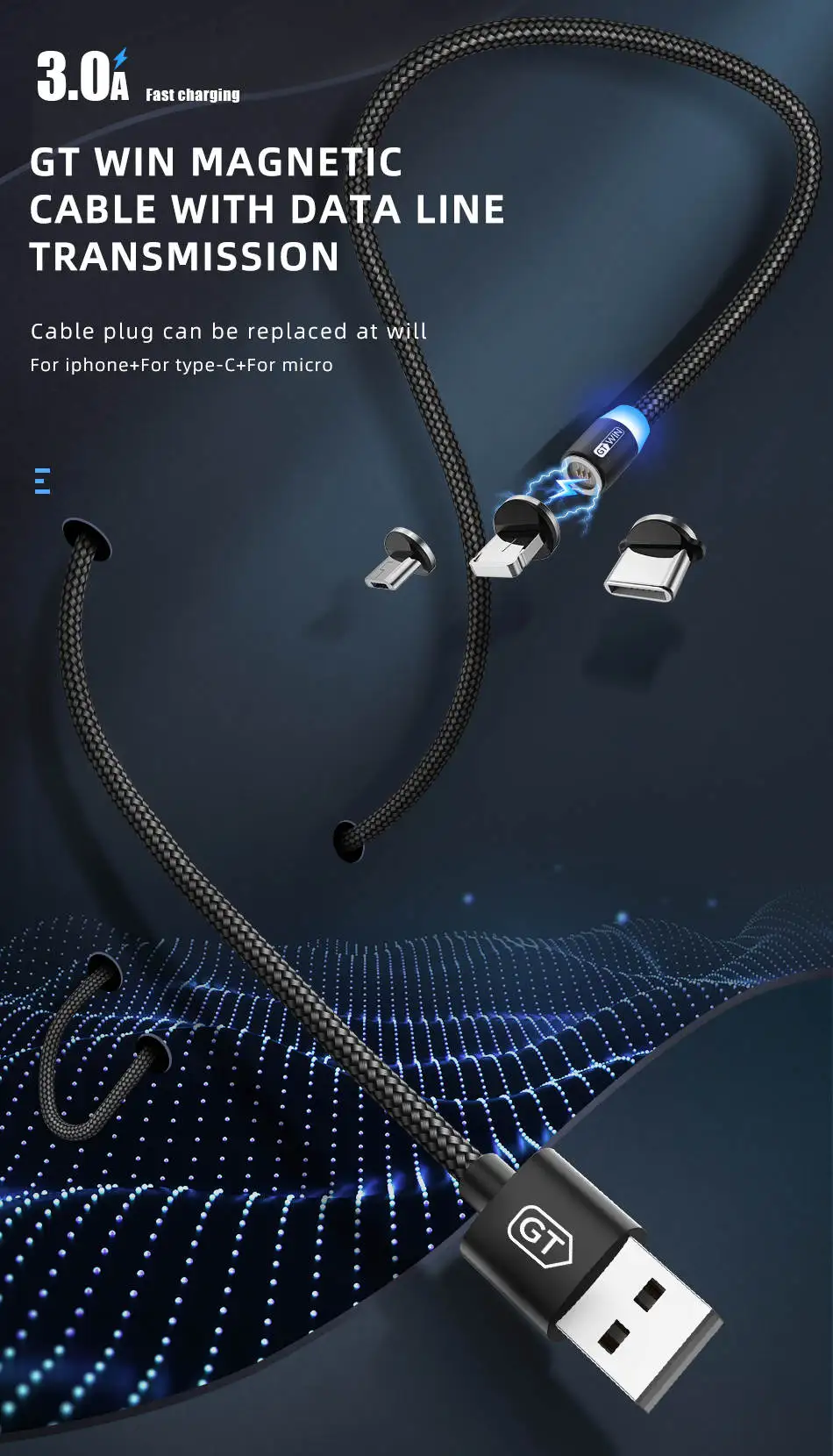 GTWIN 3A Магнитный usb type-C кабель для huawei samsung зарядный Магнитный кабель Micro USB шнур для мобильного телефона провод для iPhone