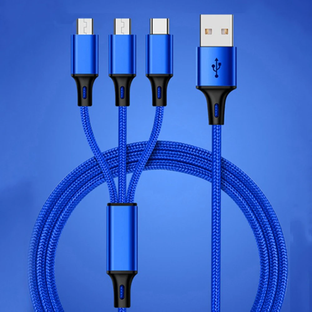 USB кабель 3 в 1 кабель для зарядки iOS Android type-c один для трех кабель для передачи данных алюминиевый сплав нейлоновый плетеный кабель 1 м - Цвет: Blue