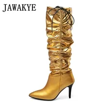 Высокие сапоги до колена со складками; женские пикантные высокие сапоги с острым носком на тонком высоком каблуке без шнуровки; обувь золотистого и серебристого цвета; feminina