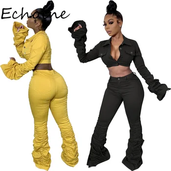 

Women Two Pieces Set Fold Sleeve Trun Down Collar Short Coat+ Long Pants Autumn And Winter Clothing For Women Soild Color