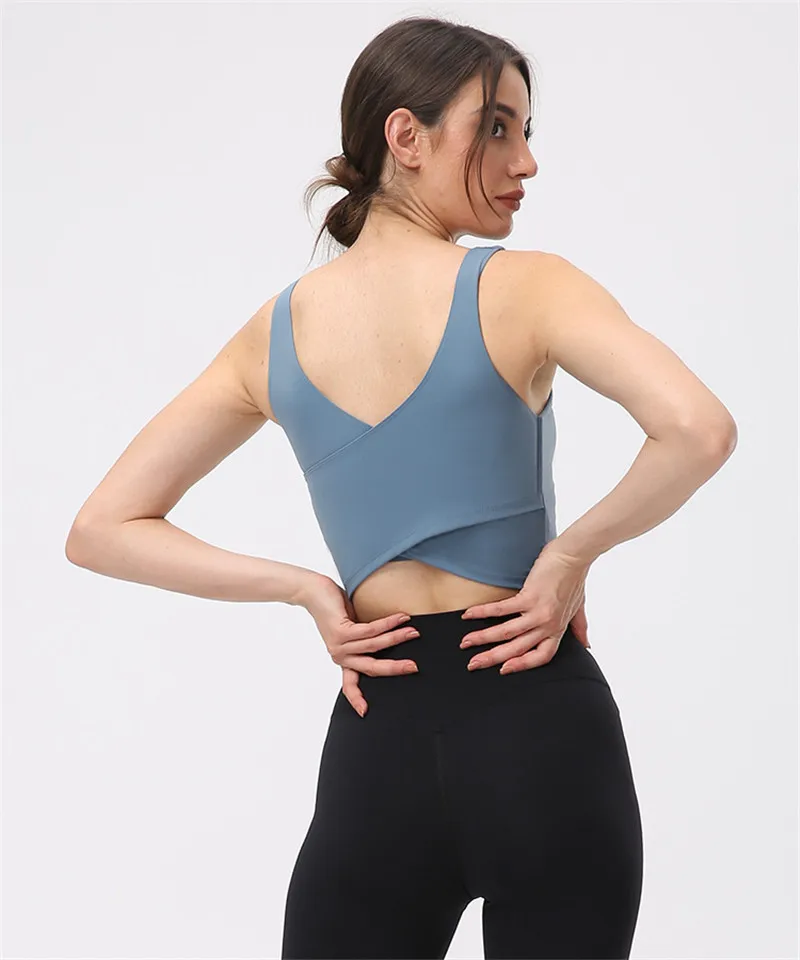 Solid Color Sports Tank Soft Yoga Vest Crop Top Moisture Wicking Tight Fitness Bra Women No Rims Removable Chest Pad Gym Clothes