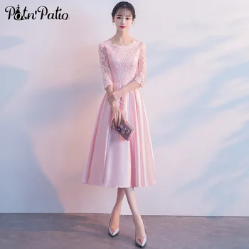 

Pink Evening Dresses 2020 Elegant O-neck Appliques A-line Tea-length Satin Women Formal Gowns For Wedding Party Plus Size