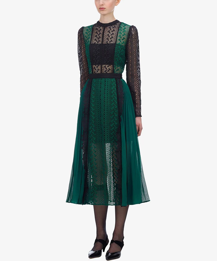 MoaaYina весна осень Новое поступление зеленое кружевное платье элегантное, миди женское платье с длинными рукавами высокого качества