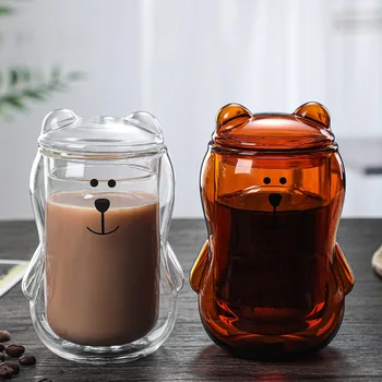 

Creative 300Ml Coffee Cup Double Glass Design with Lid Kid's Mug Cool Abstract Bear Mug Milk Juice Tumbler Gift Drinking Set