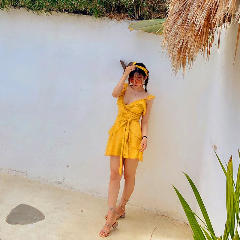 Летнее сексуальное платье с v-образным вырезом Boho женское гофрированное желтое одноцветные мини-платья vestidos сарафан богемное женское пляжное платье