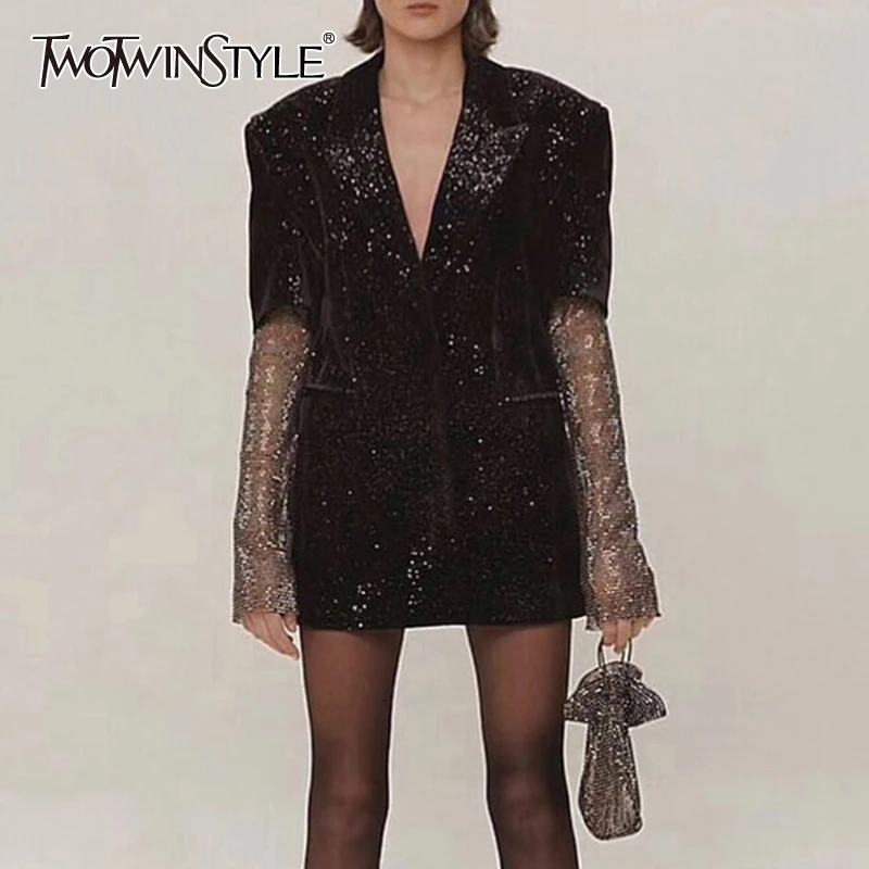 

TWOTWINSTYLE Patchwork Diamonds Elegant Women's Coats Notched Long Sleeve Perspective Coat Female 2019 Autumn Fashion New