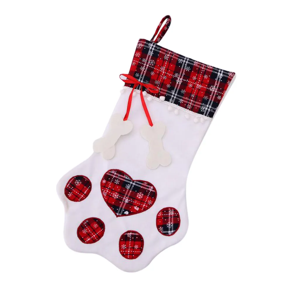 30#Plaid Christmas Gift Bags Pet Dog Cat Paw Stocking Socks Xmas Tree Ornaments Dropshipping