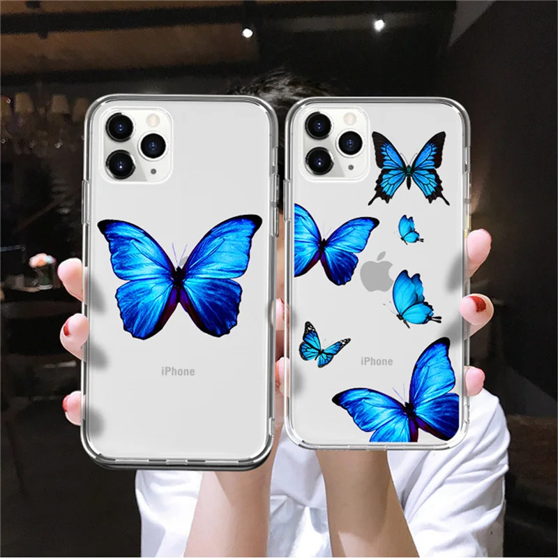 

Kowkaka Transparent Blue BGutterfly Phone Case For iPhone 11 Pro Max X XR XS 6 6s 7 8 Plus Simple Cartoon Silicone Back Cover