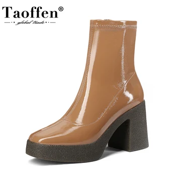 

TAOFFEN New Woman High Heel Boots Patent Leather Platform Thick Heel Woman Ankle Boots Fashion Winter Shoes Woman Size 34-39