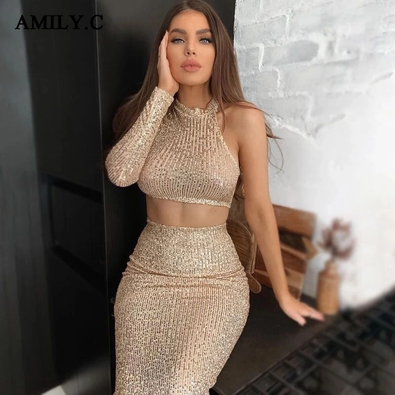 Amily. c/2019 Новое сексуальное платье летнее 2 предмета с блестками длинными рукавами