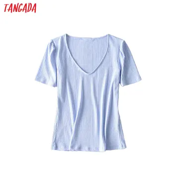 

Tangada women elegant knit cotton T shirt short sleeve v neck tees ladies casual tee shirt street wear top 5W10