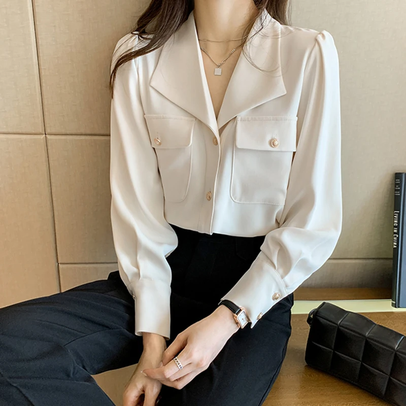 Shintimes Button Pockets White Blouses Women Blouse Long Sleeve 2021 New Womens Tops Office Lady Notched Clothes Chemisier Femme 2021 new fashion unisex work apron for men canvas bib adjustable cooking kitchen s woman with tool pockets