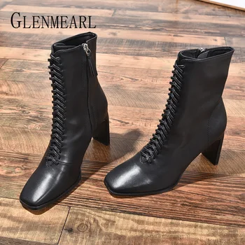 

Women Boots Fashion Leather High Heels Shoes Winter Zipper Woman Boots Square Toe Ankle Boots Female Shoes Heels 2020