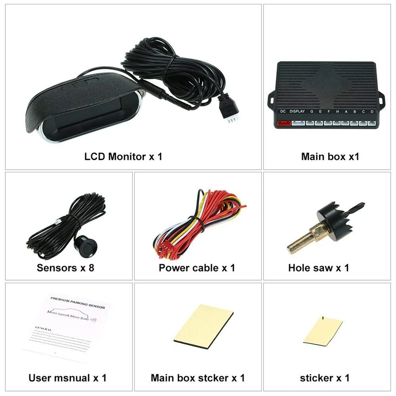 Car LCD Parking Sensor Kit, Dual-Core Front and Rear Reverse R-Adar System LCD Display Kit with 8 Sensors, Which Can Free To Swi