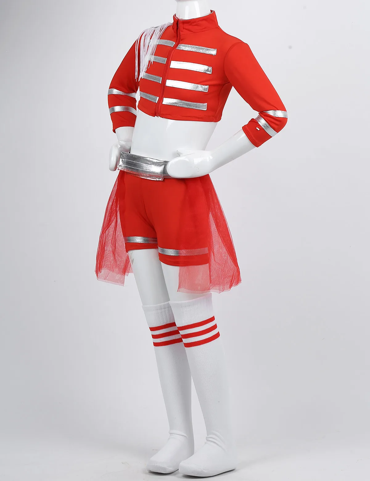 Детская Униформа Черлидинга для девочек, современный костюм для джазовых танцев, укороченные топы с шортами, сетчатая юбка, Комплект носков