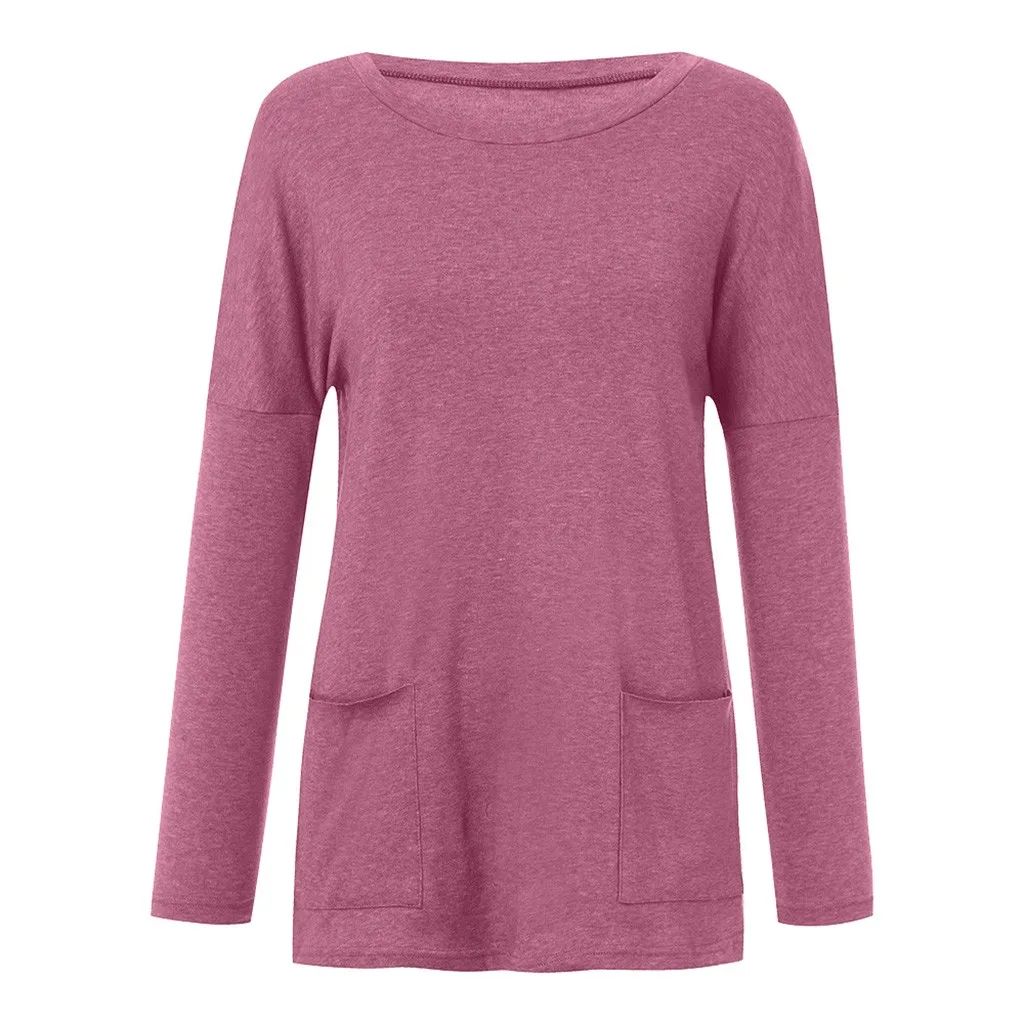 Women Solid Warm Long Sleeve Sweatshirt Loose Pocket Daily Pullover Tops Plus Size Femme Tops#30