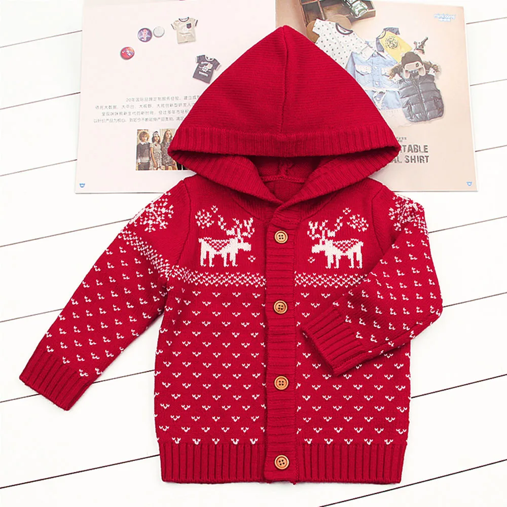 Детский зимний модный свитер для маленьких мальчиков и девочек, рождественские вязаные топы с капюшоном и рисунком оленя, теплое пальто одежда с длинными рукавами