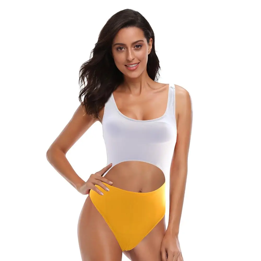 yellow and white striped bathing suit
