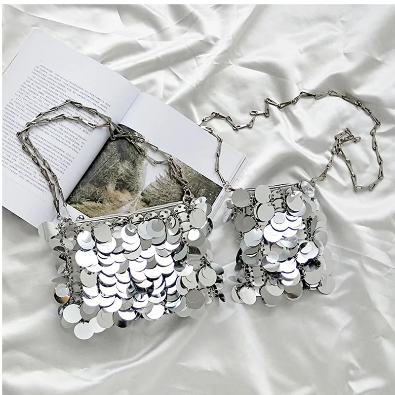 Women Bags Silver Metal Sequins Chain Woven Clutch Shoulder Travel Holiday Evening Bag Shoulder Bags Women Evening Bag