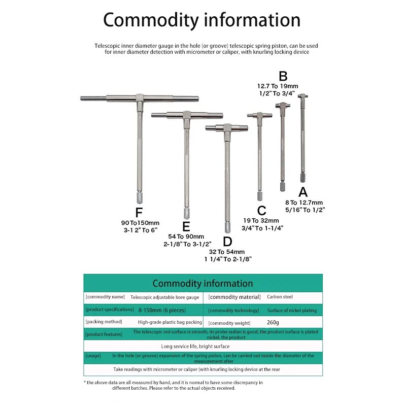 Регулируемый 6 шт. Телескопический Калибр 8-150 мм внутренний инструмент для измерения диаметра из углеродистой стали набор измерительных