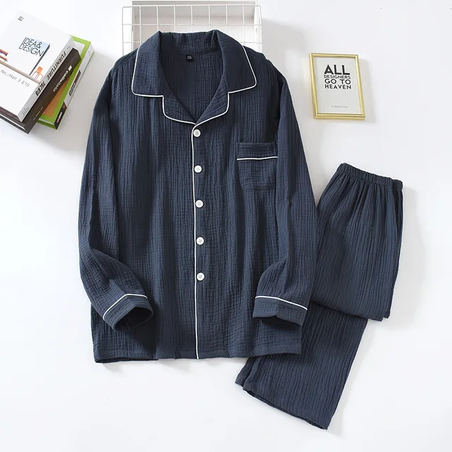 New spring and autumn pure cotton crepe cloth couple soft and breathable men long-sleeve simple home service women two piece set Female grey cyan