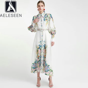 

AELESEEN Vintage Women Dress Spring Autumn Long Sleeve Lantern Sleeve Dress Button Flower Print Belt Party Holiday Elegant Dress