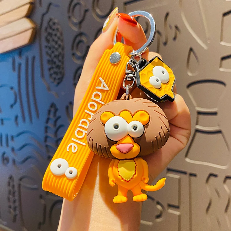 PVC Popping Eyed Animal Metal Keychain Orange Lion Leopard Pendant Cute Bag Car Keyring Jewelry Lanyard Men Women Couple Gift papillon dog metal jewelry box trained cute puppy enameled piece animal papillon golden