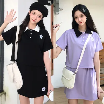 

Women's Turn-down Collar Floral Sets Embroidery Short Sleeve Polo Shirt + Mini Skirt Two-Piece Set