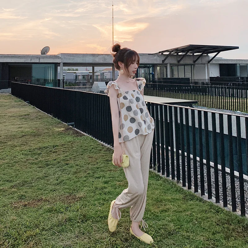 

Photo Shoot Hong Kong Style Casual Pants Women's 2019 New Style Summer Wear Slimming Students Capri Harem Pants + Polka Dot Tops