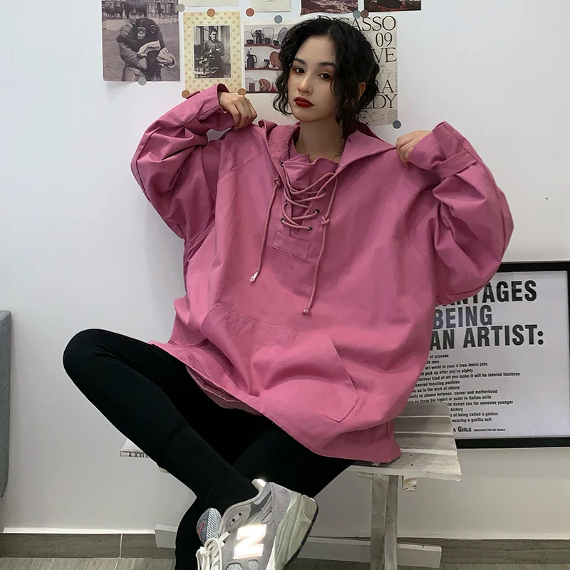 SexeMara Autumn New Hooded Collar Women Tops Full Sleeve Solid Color Large Size Ladies Fashion Loose Pullover CSW164